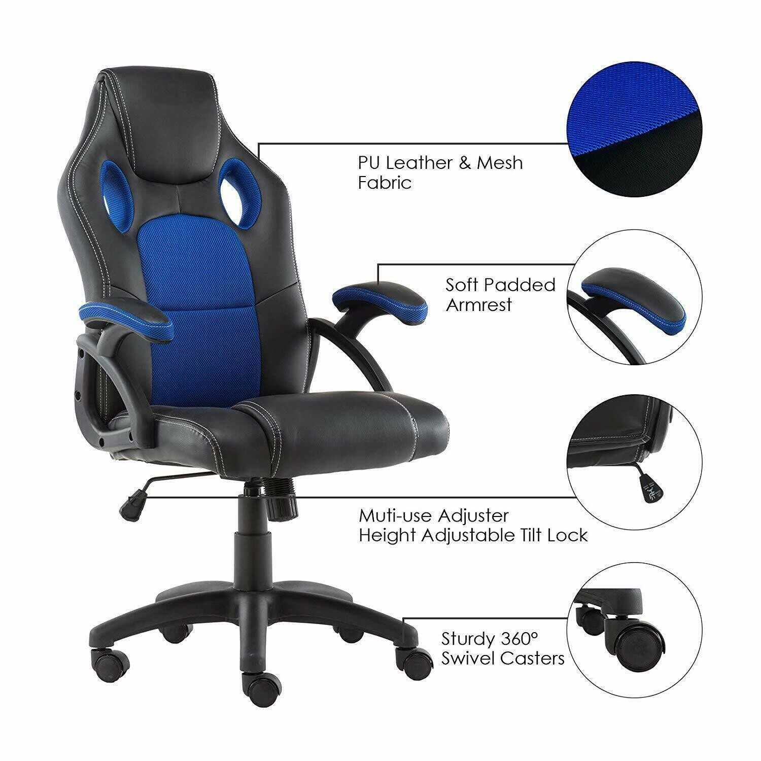 RACING GAMING OFFICE CHAIR EXECUTIVE LUMBAR SUPPORT SWIVEL PU LEATHER COMPUTER