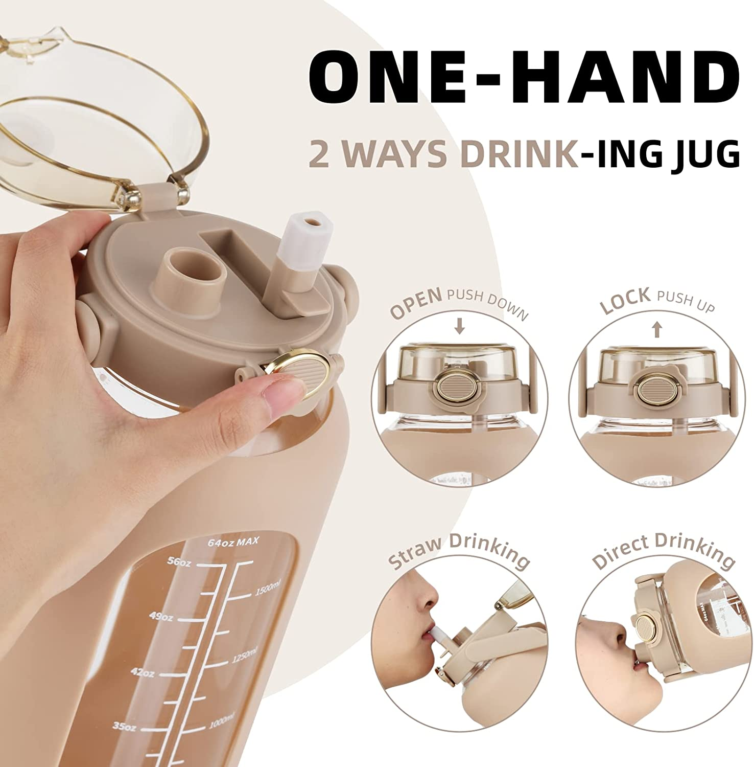 64Oz Glass Water Bottle with Straw and Handle Lid Half Gallon Motivational Glass