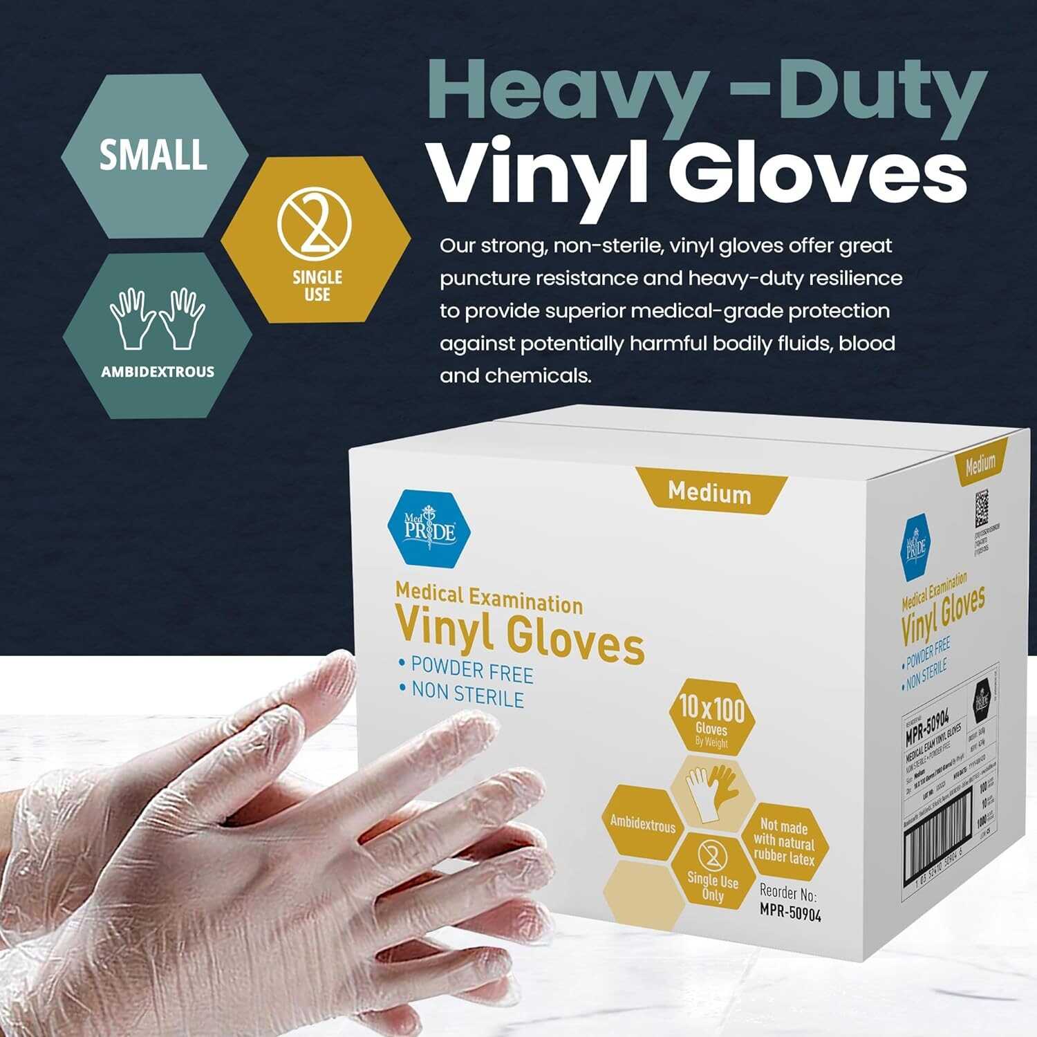 MED PRIDE Medical Vinyl Examination Gloves (Medium, 1000-Count) Latex & Rubber Free, Ultra-Strong, Clear Disposable Powder-Free Gloves for Healthcare & Food Handling Use