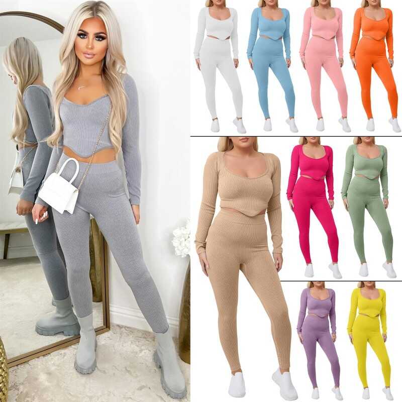 Womens Plain Ribbed High Waist Seamless Stretch Tracksuit 2 Piece Ladies Gym Set