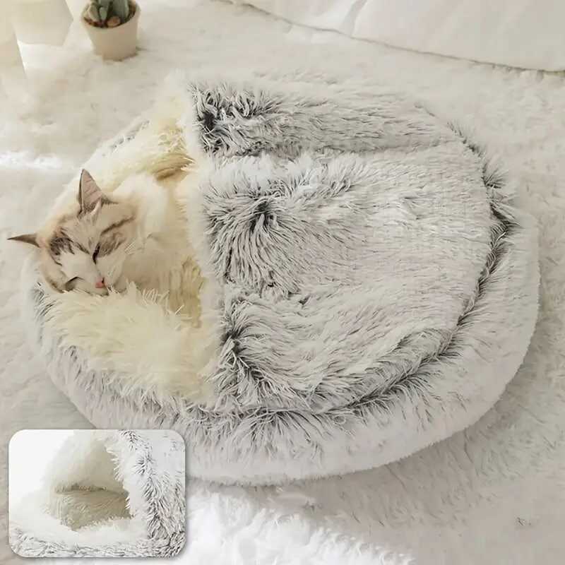 Plush Round Hooded Pet Bed, Warm Dog Bed For Small Dogs, Fluffy Soft Cat Bed, Donut Pet Cushion