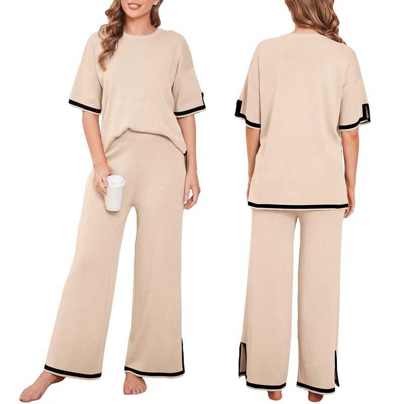 Women Casual Outfit Short Sleeve Crew Neck Tops Wide Leg Pants Loungewear Set
