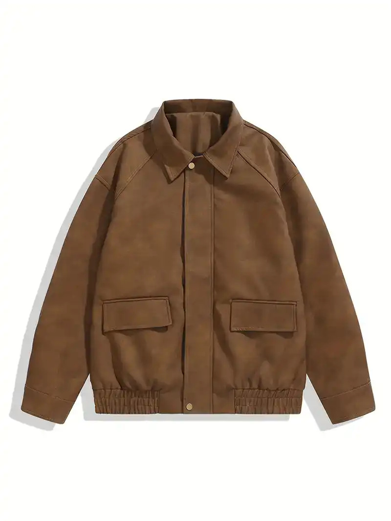 Men's Stylish Vintage Style Faux Leather Jacket With Pockets, Casual Breathable Lapel Zip Up Long Sleeve Jacket For Outdoor Activities