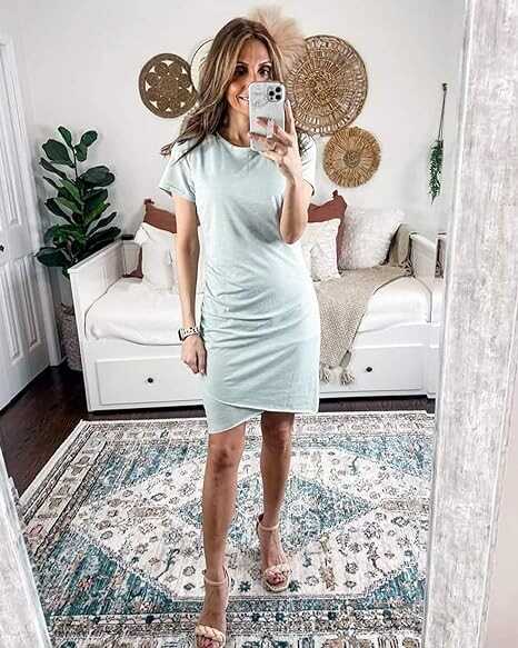 BTFBM Women's 2024 Summer Casual Beach Dresses Crew Neck Short Sleeve Wrap Party Club Mini Ruched Bodycon T Shirt Dress