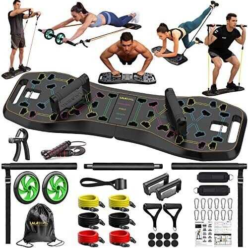LALAHIGH Portable Home Gym System: Large Compact Push Up Board, Pilates Bar & 20 Fitness Accessori