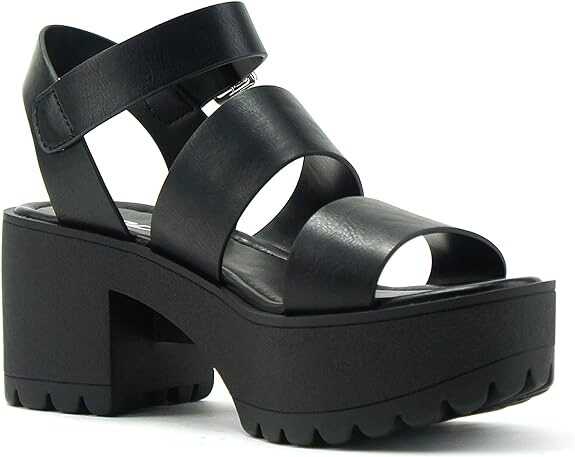 Soda ACCOUNT ~ Women Open Toe Two Bands Lug sole Fashion Block Heel Sandals with Adjustable Ankle Strap