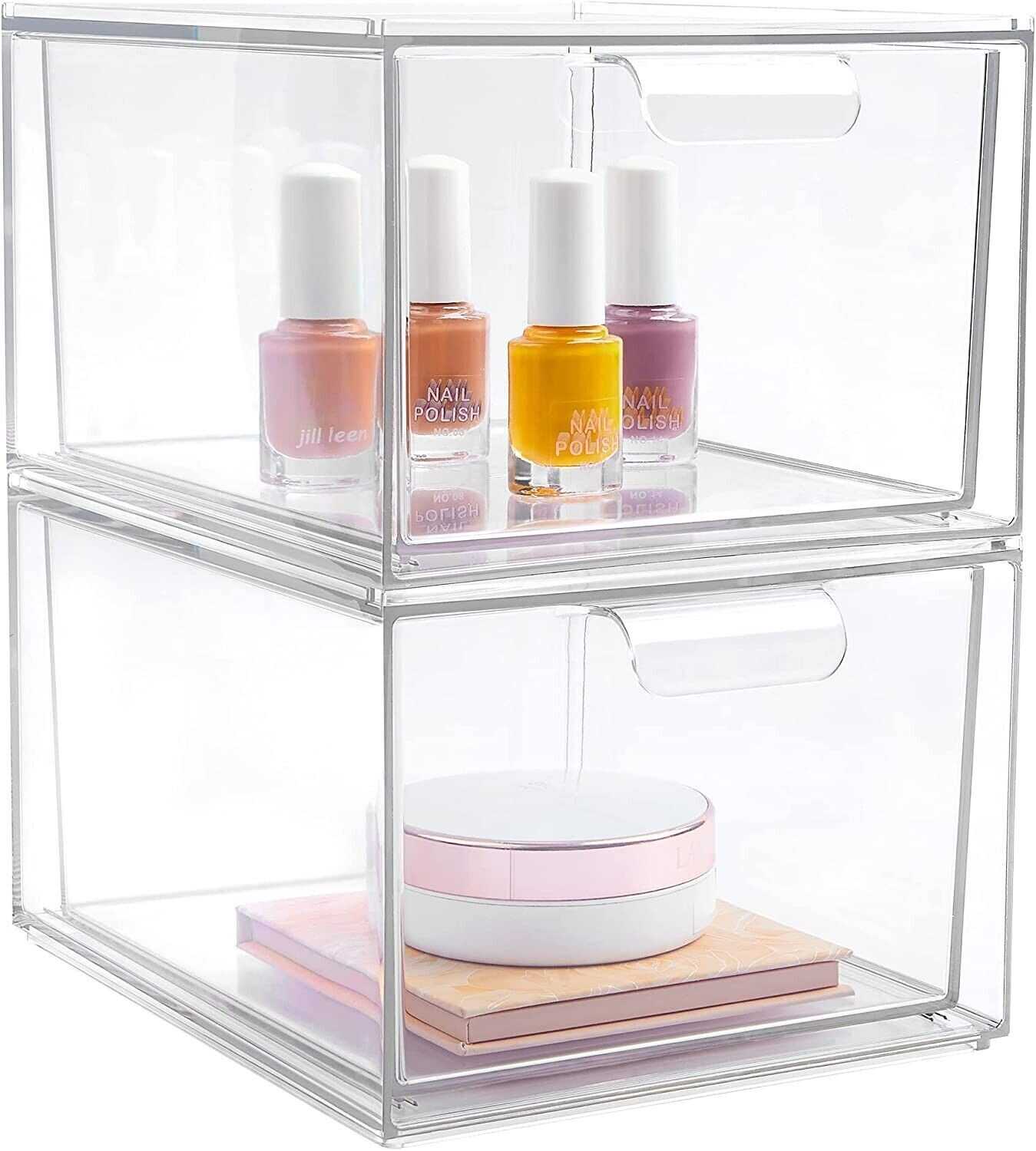 2 Pack Stackable Makeup Organizer Storage Drawers, 4.4'' Tall Acrylic Bathroom O