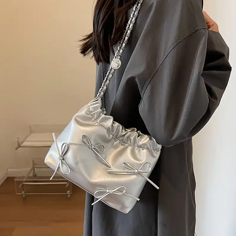 Cute Bow Decorated Shoulder Bag, Solid Color Pleated Crossbody Bag, Perfect Underarm Bag For Daily Use