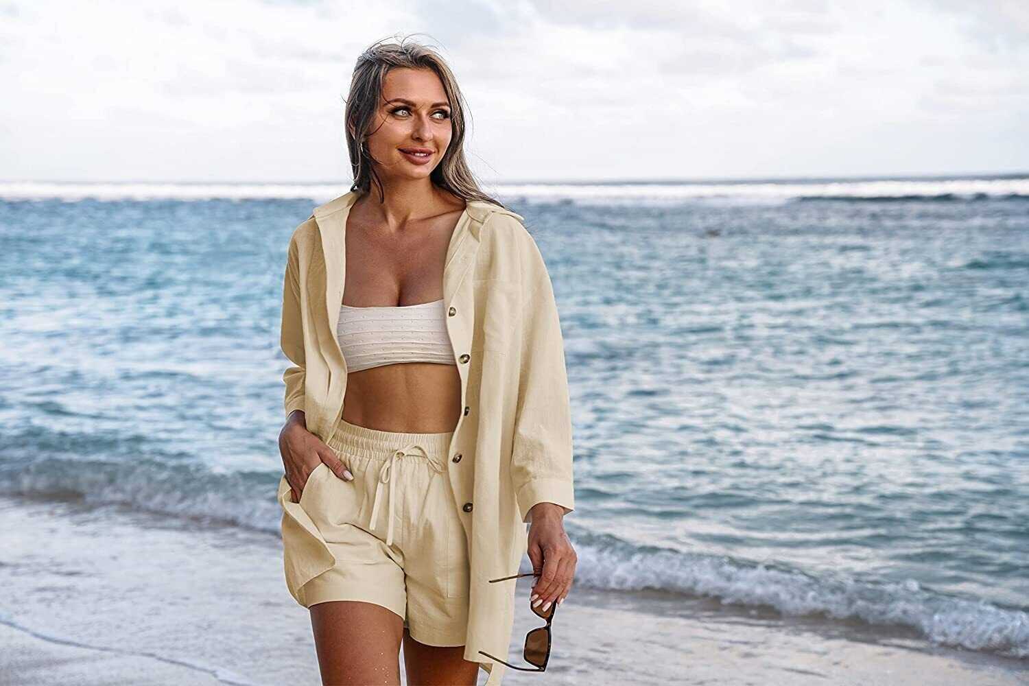 Beyove Women's Cotton Linen Set Casual Tracksuit Button Down 3/4 Sleeve Shirt