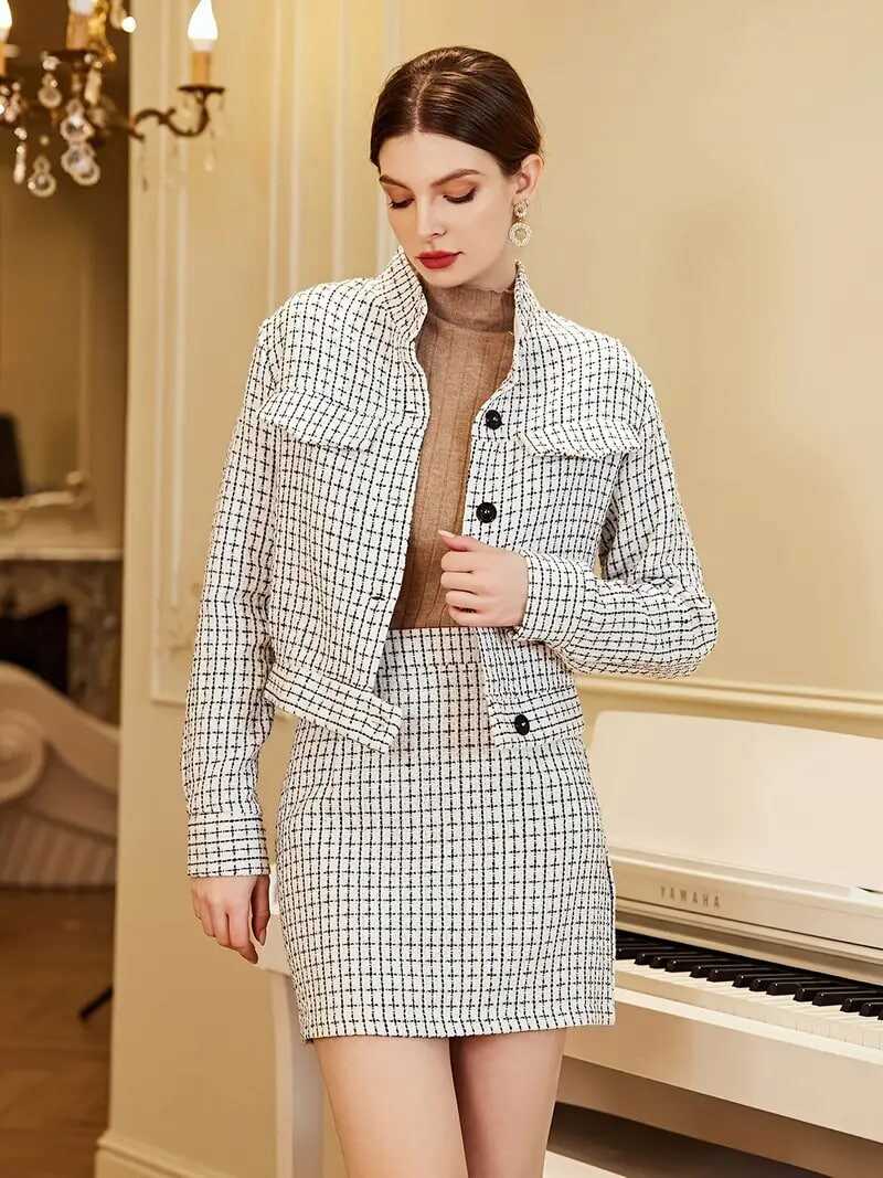 Plaid Button Textured Blazer, Open Front Long Sleeve Suit Jacket With Wide Lapels, Elegant & Stylish Tops For Office & Work, Women's Clothing & Outerwear