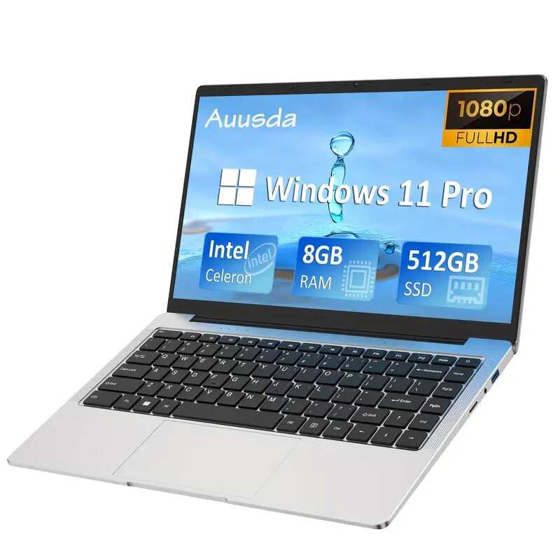 Auusda Laptop With 8GB LPDDR4 512GB SSD, Intel Celeron J4125 Up To 2.5 GHz, 14.1" 1920x1080 IPS, Webcam, Mini HD, USB-A X 2, Micro SD Card Slot, Windows 11 Pro, Expandable Storage