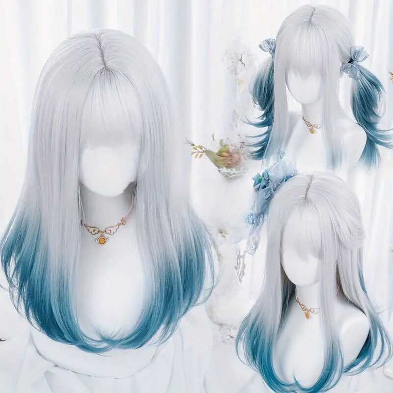 Women Synthetic Wig Long Straight Ombre Two Tone Silvery Grey Blue Hair For Cosplay With Bangs Anime Cosplay Wig Costume Wig For Halloween Party