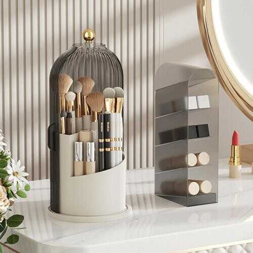 360° Rotating Makeup Brush Storage Box Dustproof Cover Cosmetic Organizer