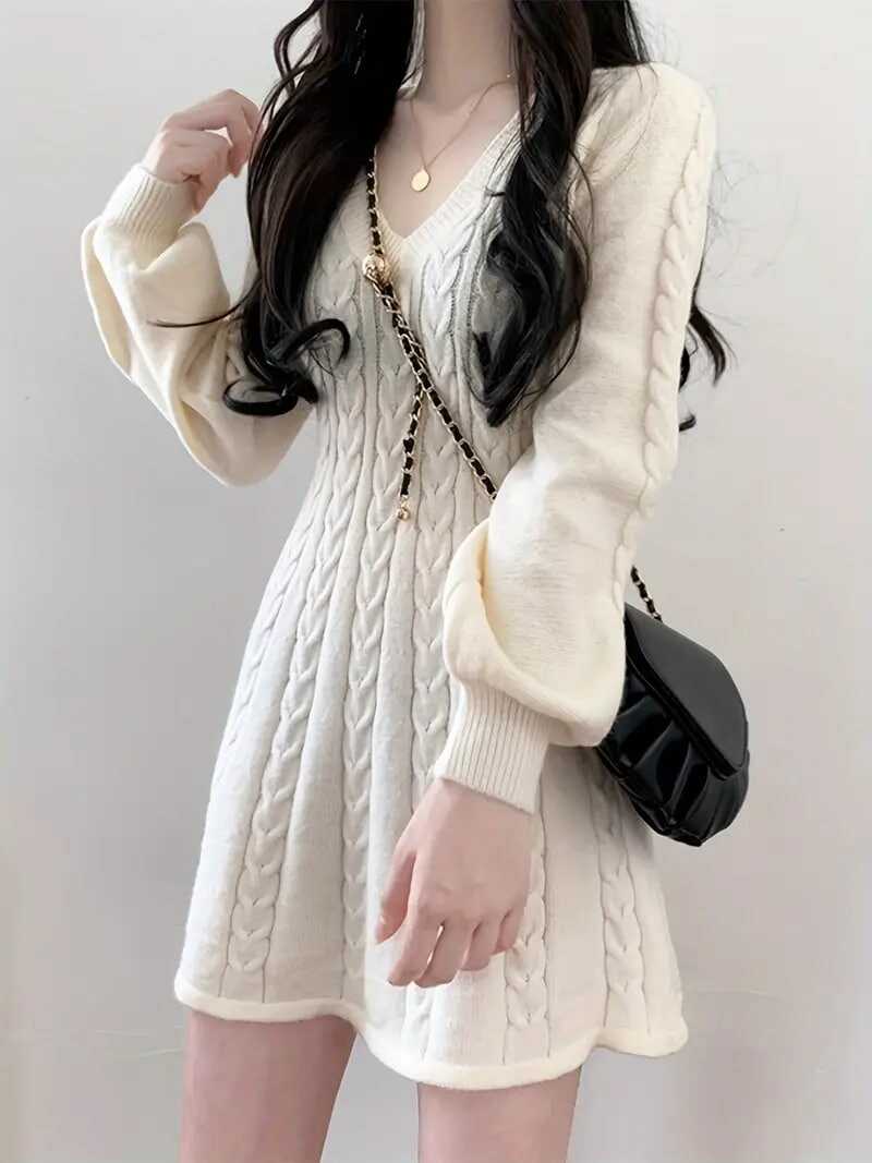 Solid Cable Knit Dress, Elegant V Neck Lantern Long Sleeve Dress, Women's Clothing