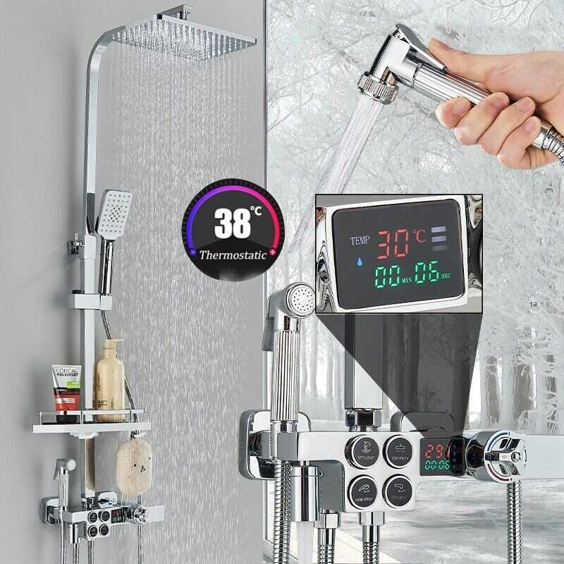 Modern Thermostatic Exposed Bathroom Shower Twin Head Bar Set Mixer Square Valve
