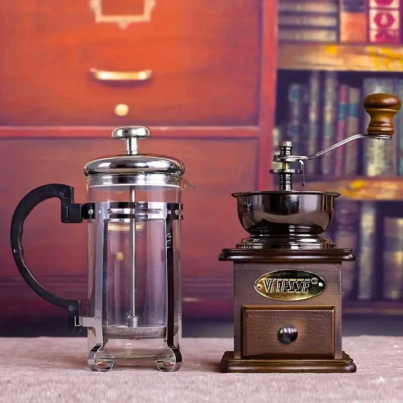 1set Wooden Classic Vintage Mini Manual Bean Grinder Press Pot Set Kitchen Coffee Utensils Home Handheld Coffee Bean Grinder Gift Box Set Of Boutique Products