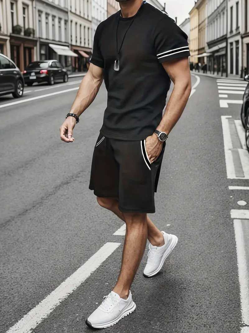 Men's Trendy Summer Striped T-Shirt Shorts Set, Oversized Casual Sports 2Pcs Outfits, Men's Clothing, Plus Size