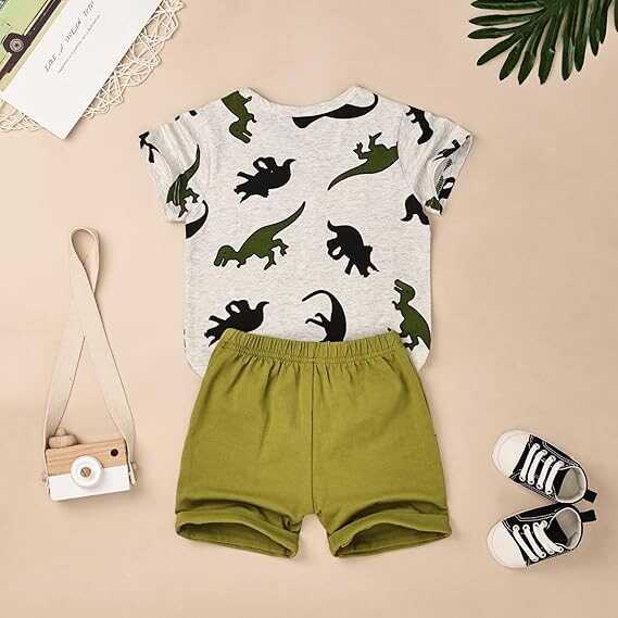 Baby Boy Clothes Toddler Boy Clothes Summer Outfits Dinosaur T-Shirt Pocket Short Pants Set 12 Months to 4 Years Old
