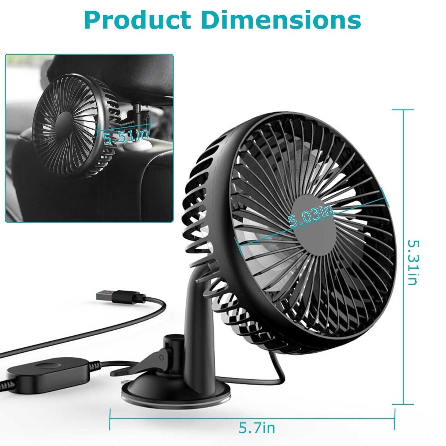 Rotatable Car Cooling Fan Fan Mini USB Vehicle Fan Backseat Clip Fan W/3 Speeds
