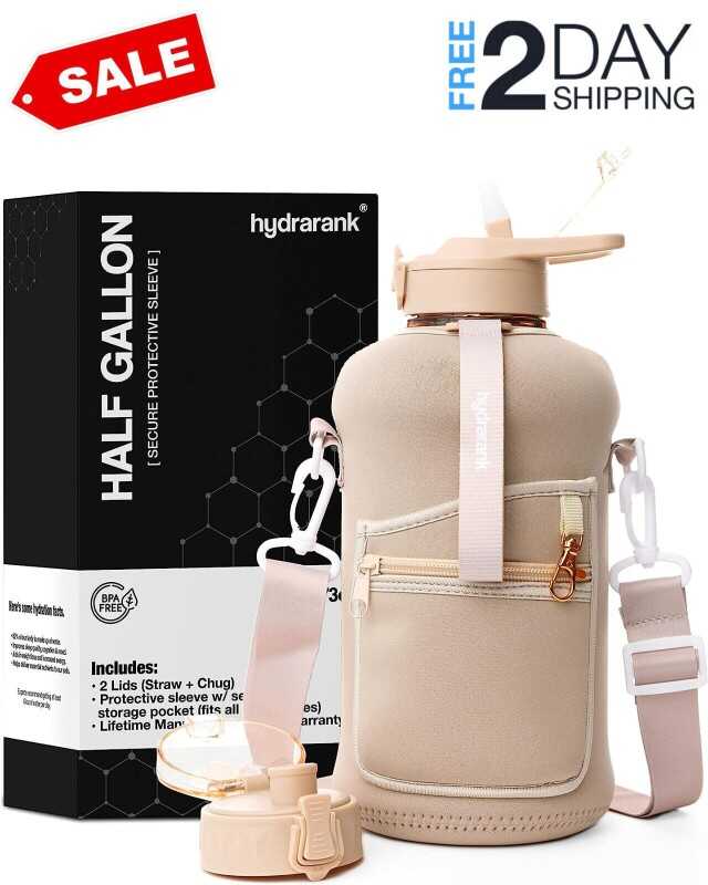 Half Gallon Water Bottle with Storage Sleeve and Straw Lid - 2.2 Liter Large Wat