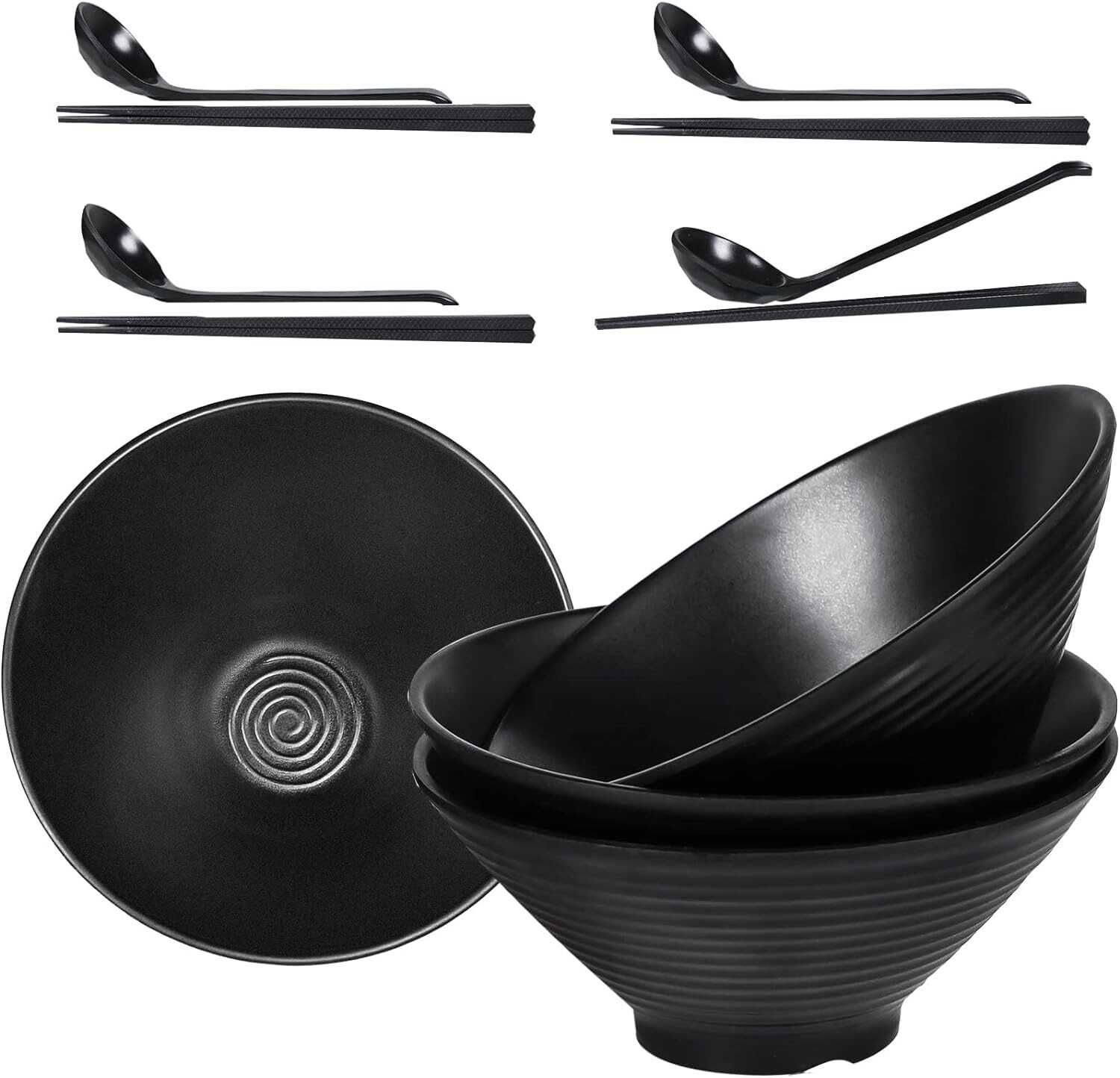 Set of 4 Ramen Bowl Set, 40 oz Melamine Large Japanese Style Noodle Soup Bowls Set with Spoons and Chopsticks for Ramen, Pho, Noodles, Asian Dishes Black,Large Bowl for Adults| Dishwasher Safe