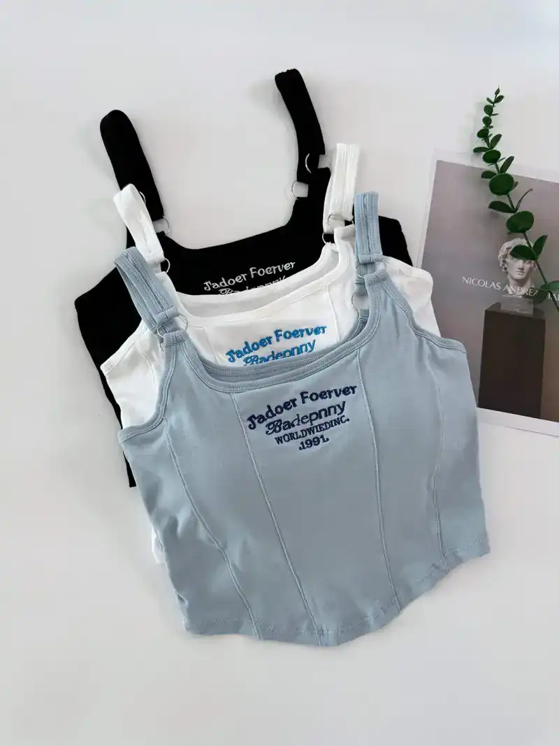 3pcs Girls Letter Embroidered Cami With Chest Pads Casual Fashionable Tops For 13-16 Y