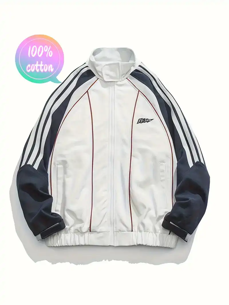 Color Block Retro Vintage Jacket, Men's Casual Zip Up Jacket Coat College Hipster Windbreaker For Spring Fall