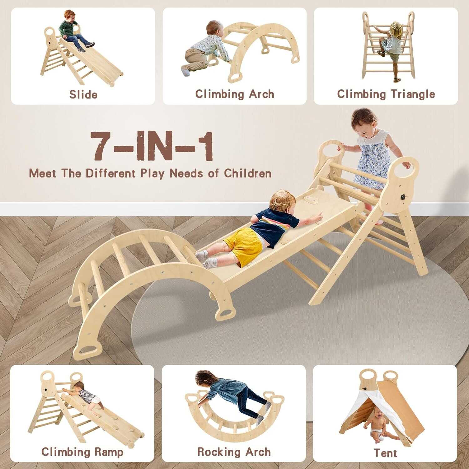 LVHERO 7 in 1 Pikler Triangle Set, Foldable Toddler Climbing Toys with Sliding Ramp & Climbing Arch Ramp, Wooden Montessori Climbing Set with Tent, Indoor Playground Jungle Gym for Kids Age 2-6 Years